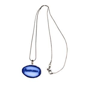 Pendant Pennsylvania￼ Handmade from Flow Blue Plate 24” Silver Tone Chain VTG